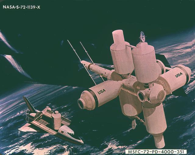 This is an artist's concept of a modular space station. In 1970 the Marshall Space Flight Center arnounced the completion of a study concerning a modular space station that could be launched by the planned-for reusable Space Shuttle. The study envisioned a space station composed of cylindrical sections 14 feet in diameter and of varying lengths joined to form any one of a number of possible shapes. The sections were restricted to 14 feet in diameter and 58 feet in length to be consistent with a shuttle cargo bay size of 15 by 60 feet. Center officials said that the first elements of the space station could be in orbit by about 1978 and could be manned by three or six men. This would be an interim space station with sections that could be added later to form a full 12-man station by the early 1980s.
