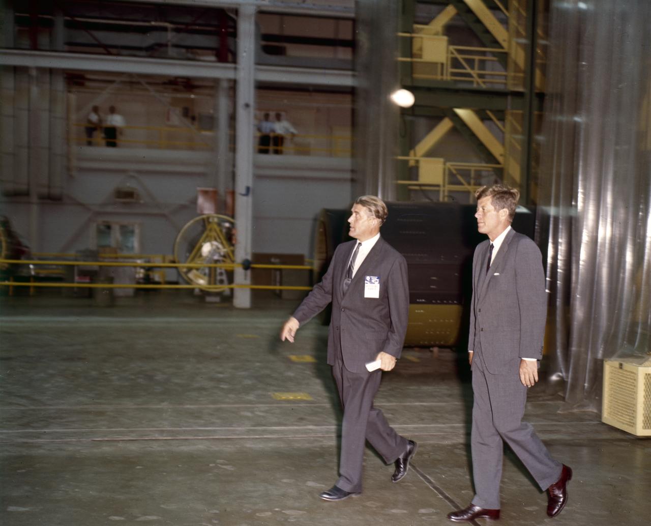 President John Kennedy and Dr. von Braun tour one of the laboratories at Marshall Space Flight Center, September 11, 1962.