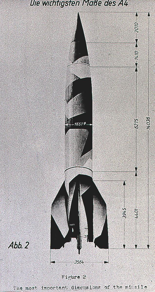This drawing illustrates the vital dimensions of the A-4 (Aggregate-4). Later renamed the V-2 (Vengeance Weapon-2), the rocket was developed by Dr. Wernher von Braun and the German rocket team at Peenemuende, Germany on the Baltic Sea. At the end of World War II, the team of German engineers and scientists came to the United States and continued rocket research for the Army at Fort Bliss, Texas, and Redstone Arsenal in Huntsville, Alabama.