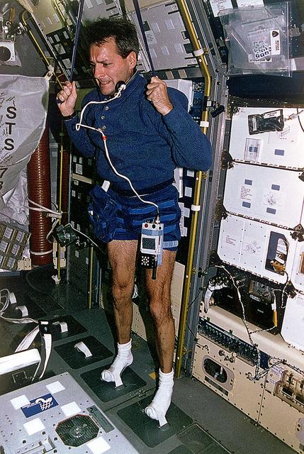 Onboard Space Shuttle Columbia (STS-78) Mission Specialist Richard M. Lirnehan works out in the Life and Microgravity Spacelab (LMS-1) Science Module. With an almost 17-day mission away from Earth's gravity, crew members maintained an exercise regimen above and beyond their assigned LMS-1 duty assignments.