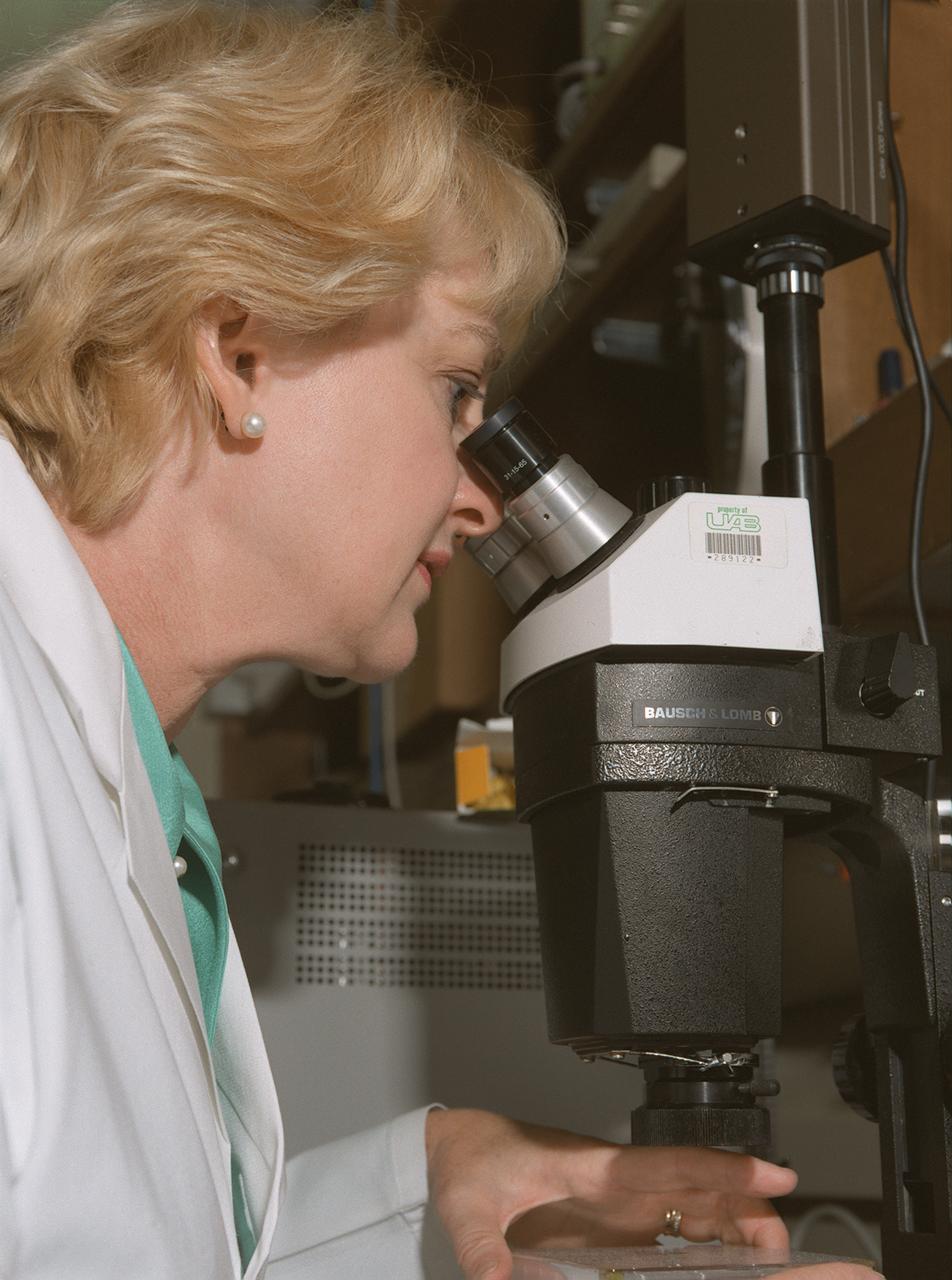 Diabetic patients may someday reduce their insulin injections and lead more normal lives because of new insights gained through irnovative space research in which insulin crystals were grown on the Space Shuttle. Results from a 1994 insulin crystal growth experiment in space are leading to a new understanding of protein insulin. Lack of insulin is the cause of diabetes, a desease that accounts for one-seventh of the nation's health care costs. Dr. Marianna Long, associate director of the Center of Macromolecular Crystallography at the University of Alabama at Birmingham, is a co-investigator on the research. Photo credit: NASA/Marshall Space Flight Center (MSFC)