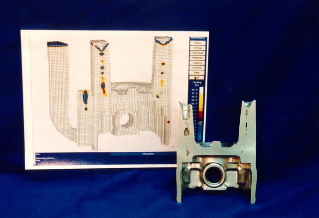 This is a computer generated model of a ground based casting. The objective of the therophysical properties program is to measure thermal physical properties of commercial casting alloys for use in computer programs that predict soldification behavior. This could reduce trial and error in casting design and promote less scrap, sounder castings, and less weight. In order for the computer models to reliably simulate the details of industrial alloy solidification, the input thermophysical property data must be absolutely reliable. Recently Auburn University and TPRL Inc. formed a teaming relationship to establish reliable measurement techniques for the most critical properties of commercially important alloys: transformation temperatures, thermal conductivity, electrical conductivity, specific heat, latent heat, density, solid fraction evolution, surface tension, and viscosity. A new initiative with the American Foundrymens Society has been started to measure the thermophysical properties of commercial ferrous and non-ferrous casting alloys and make the thermophysical property data widely available. Development of casting processes for the new gamma titanium aluminide alloys as well as existing titanium alloys will remain a trial-and-error procedure until accurate thermophysical properties can be obtained. These molten alloys react with their containers on earth and change their composition - invalidating the measurements even while the data are being acquired in terrestrial laboratories. However, measurements on the molten alloys can be accomplished in space using freely floating droplets which are completely untouched by any container. These data are expected to be exceptionally precise because of the absence of impurity contamination and buoyancy convection effects. Although long duration orbital experiments will be required for the large scale industrial alloy measurement program that results from this research, short duration experiments on NASA's KC-135 low-g aircraft are already providing preliminary data and experience.