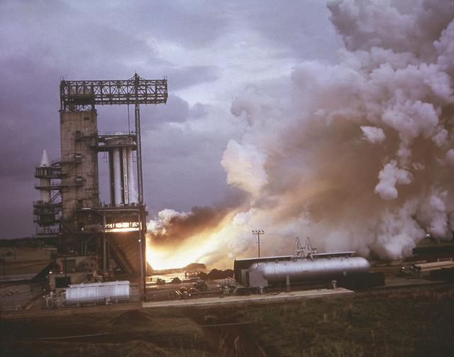 Marshall Space Flight Center (MSFC) was the birthplace of the United States' rocket program. In the early 1960s, most of the rocket development and testing were done at the MSFC. Pictured is an example of what the test engineers would have seen from the pillbox as eight H-1 engines for the first stage of the Saturn I rocket were test fired.