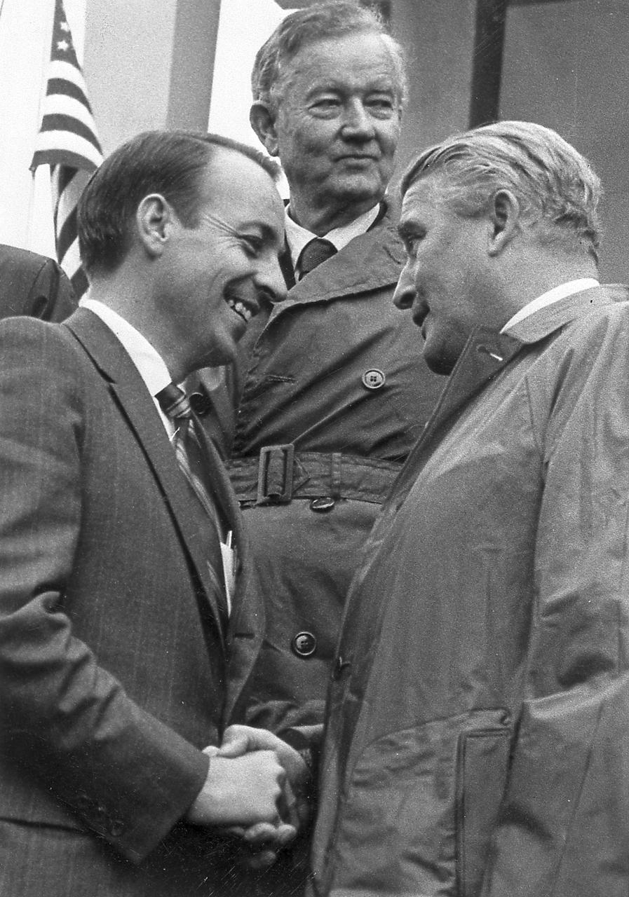 In 1970 Marshall Space Flight Center (MSFC) Director Dr. Wernher von Braun (right) was reassigned to NASA Headquarters to serve as Deputy Associate Administrator for Plarning. Prior to his transfer, Dr. von Braun was honored for his career in Huntsville, Alabama, with the celebration of "Wernher von Braun Day." Among those participating were Alabama Governor Albert Brewer (left) and Alabama Senator John Sparkman (center). (Courtesy of Huntsville/Madison County Public library)