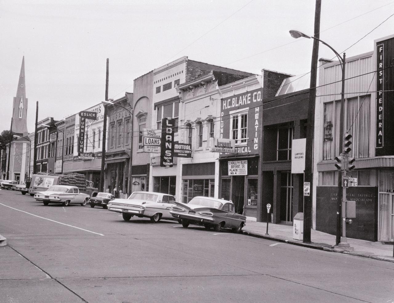 This historical photo of the South side of Square in downtown Huntsville, Alabama was taken in 1965. (Courtesy of Huntsville/Madison County Public Library)