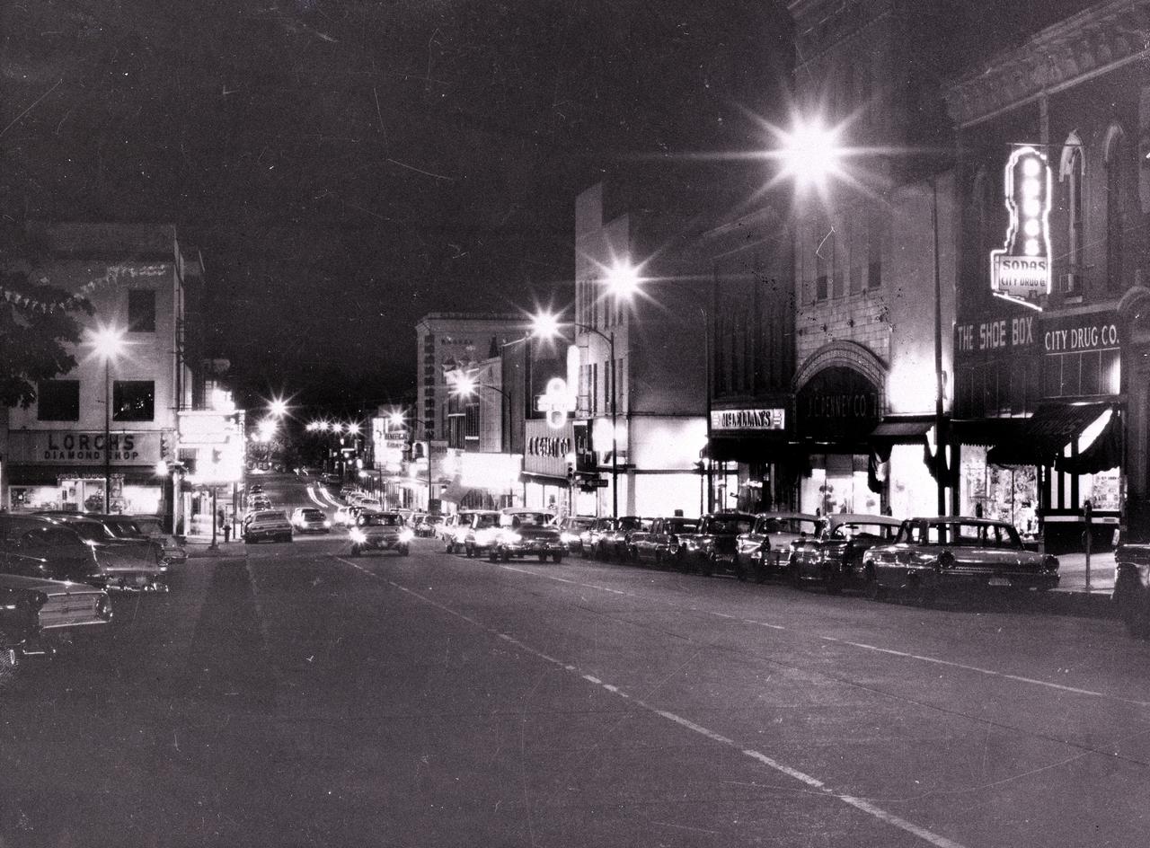 This is a 1956 night shot of the east side of Square in downtown Huntsville, Alabama. Photo Courtesy of Huntsville Public Library