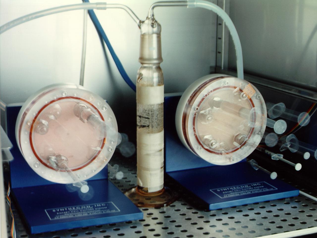 Time-lapse exposure depicts Bioreactor rotation. NASA's Marshall Space Flight Center (MSFC) is sponsoring research with Bioreactors, rotating wall vessels designed to grow tissue samples in space, to understand how breast cancer works. This ground-based work studies the growth and assembly of human mammary epithelial cells (HMEC) from breast cancer susceptible tissue. Radiation can make the cells cancerous, thus allowing better comparisons of healthy vs. tunourous tissues. 