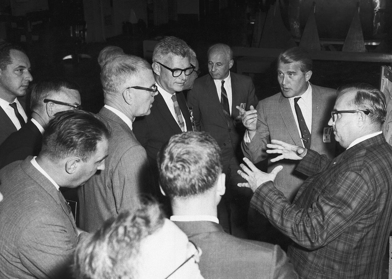 A group of NASA officials, headed by Associate Administrator Robert Seamans, toured the Marshall Space Flight Center with Dr. von Braun in 1963.