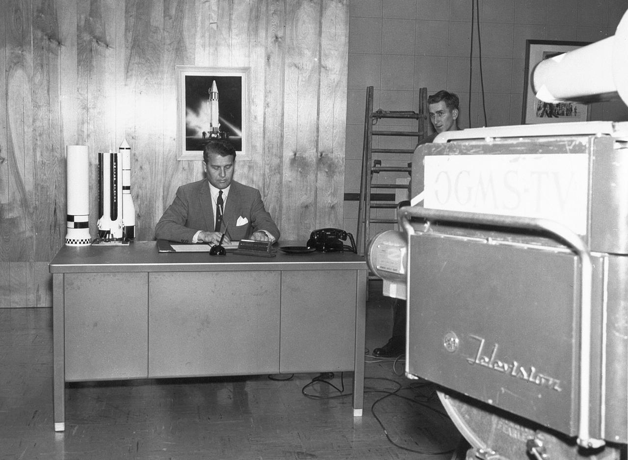 Dr. von Braun was the subject of countless television programs produced both inside and outside of NASA. He is shown here in this undated photograph preparing for one such film session.