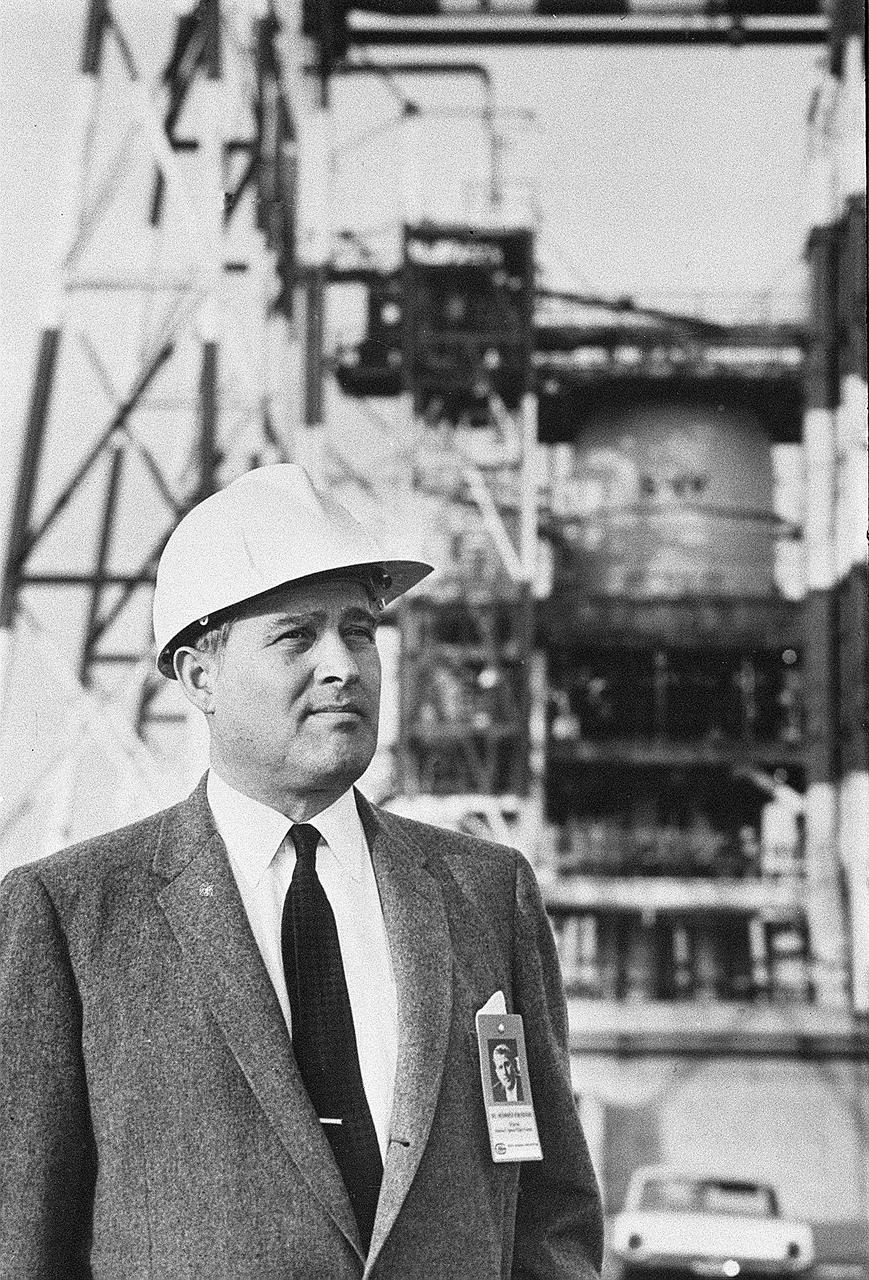 This photograph is believed to have been taken in the early 1960s and shows Dr. von Braun at the Douglas Aircraft Company's Missile Space Systems Division in Sacramento, California.