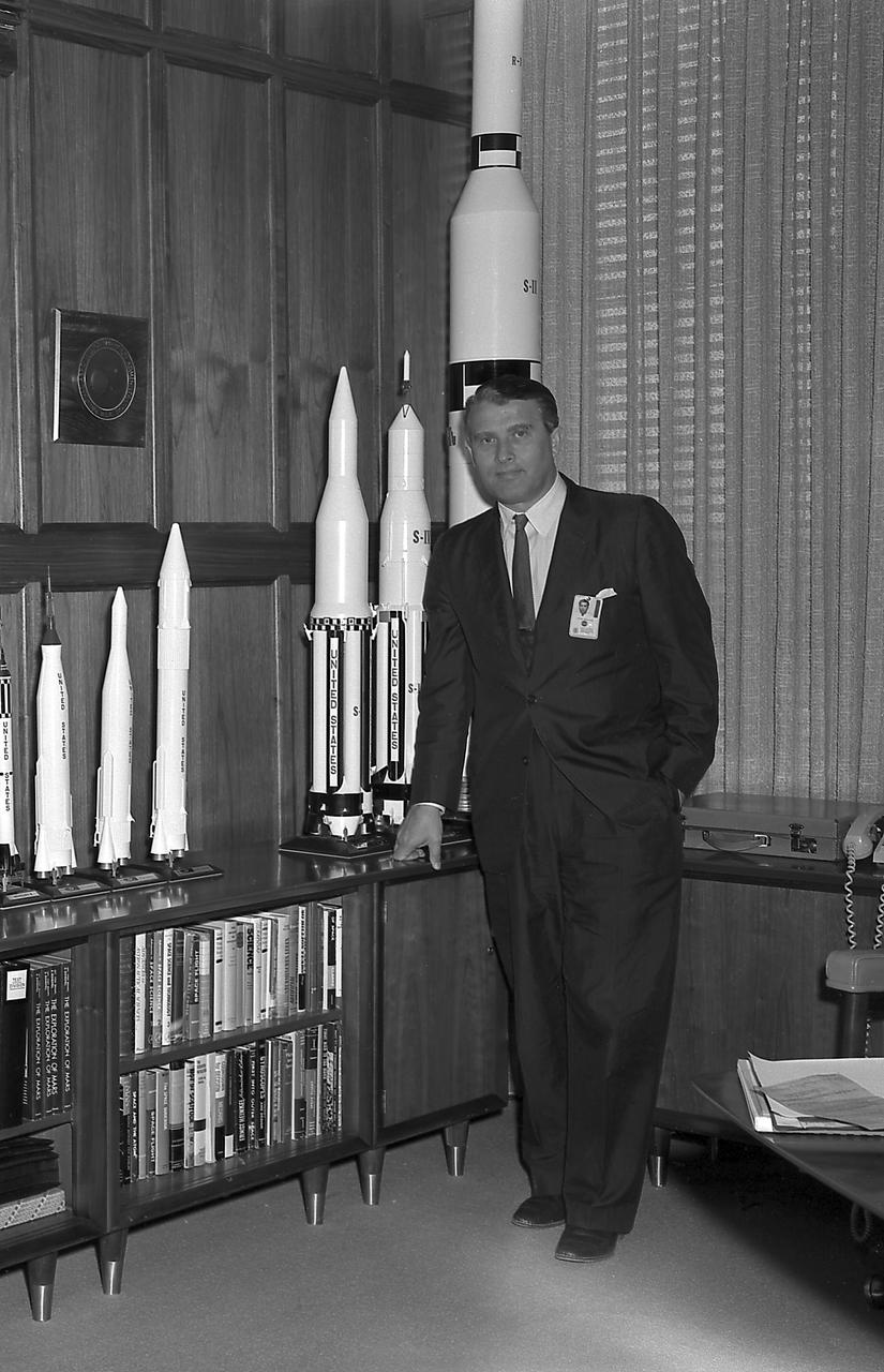 Dr. von Braun in his office with models of rockets, April 20, 1962. Dr. von Braun was the director of the Marshall Space Flight Center from July 1960 through February 1970.
