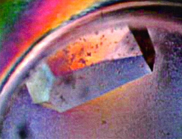 This is a large 2 mm crystal of histone octamer, grown on STS-81. A very dynamic structure which functions in many aspects of gene regulation from control of gene activity to the more subtle mechanisms of genetic imprinting. Principle Investigator is Dan Carter of New Century Pharmaceuticals.