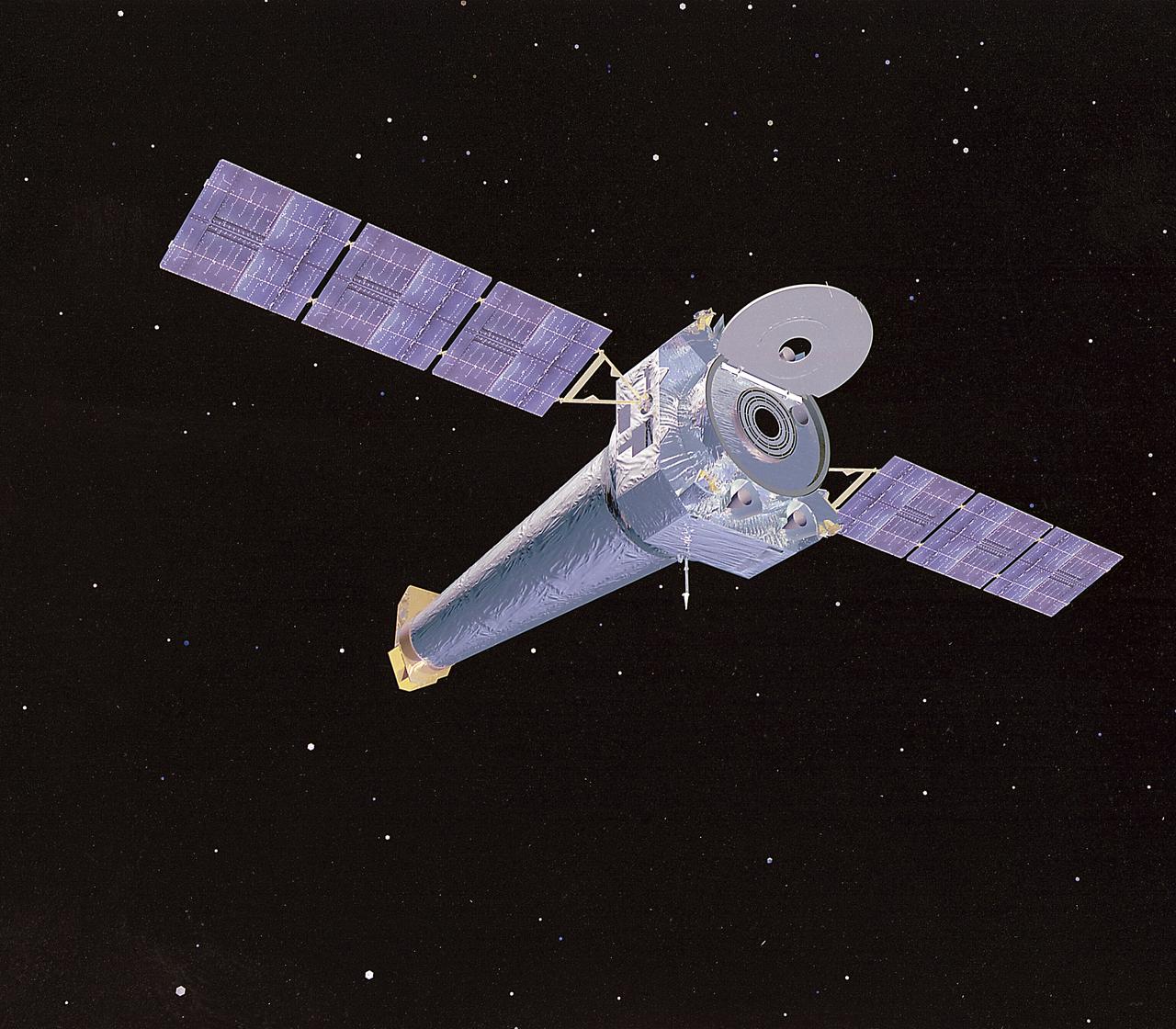 This is a computer rendering of the fully developed Chandra X-Ray Observatory (CXO), formerly Advanced X-Ray Astrophysics Facility (AXAF). In 1999, the AXAF was renamed the CXO in honor of the late Indian-American Novel Laureate Subrahmanyan Chandrasekhar. The CXO is the most sophisticated and the world's most powerful x-ray telescope ever built. It is designed to observe x-rays from high energy regions of the Universe, such as hot gas in the renmants of exploded stars. It produces picture-like images of x-ray emissions analogous to those made in visible light, as well as gathers data on the chemical composition of x-ray radiating objects. The CXO helps astronomers world-wide better understand the structure and evolution of the universe by studying powerful sources of x-ray such as exploding stars, matter falling into black holes, and other exotic celestial objects. The Observatory has three major parts: (1) the x-ray telescope, whose mirrors will focus x-rays from celestial objects; (2) the science instruments that record the x-rays so that x-ray images can be produced and analyzed; and (3) the spacecraft, which provides the environment necessary for the telescope and the instruments to work. TRW, Inc. was the prime contractor for the development of the CXO and NASA's Marshall Space Flight Center was responsible for its project management. The Smithsonian Astrophysical Observatory controls science and flight operations of the CXO for NASA from Cambridge, Massachusetts. The Observatory was launched July 22, 1999 aboard the Space Shuttle Columbia, STS-93 mission. (Image courtesy of TRW).