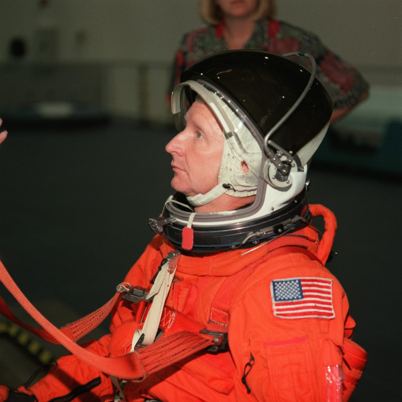 S98-09507 (6-24-98) --- Attired in a training version of the shuttle partial pressure launch and entry suit, astronaut Steven A. Hawley participates in a water survival/emergency egress training exercise in the Neutral Buoyancy Laboratory (NBL) at the Johnson Space Center's Sonny Carter Training Center. The mission specialist will join four other astronauts for a springtime 1999 mission in Earth orbit aboard the Space Shuttle Columbia.