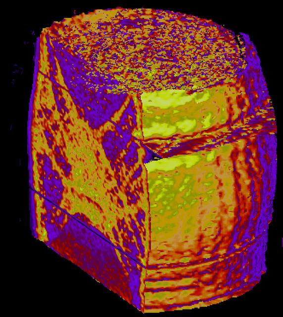 Computed tomography (CT) images of resin-impregnated Mechanics of Granular Materials (MGM) specimens are assembled to provide 3-D volume renderings of density patterns formed by dislocation under the external loading stress profile applied during the experiments. Experiments flown on STS-79 and STS-89. Principal Investigator: Dr. Stein Sture