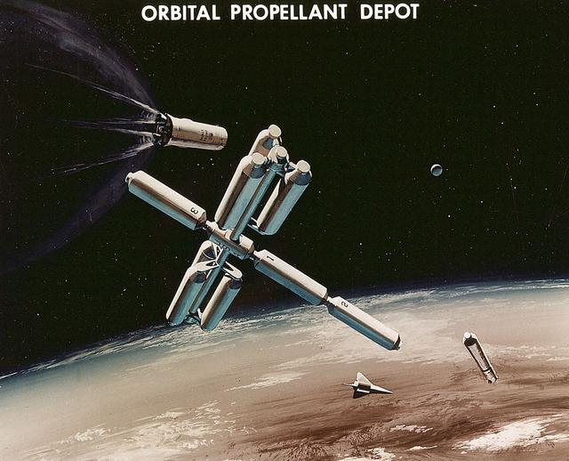 In this artist's concept from 1971, an Earth-to orbit fuel tanker approaches the Orbital Propellant Depot. As envisioned by Marshall Space Flight Center Program Devlopment plarners, an orbital modular propellant storage depot, supplied periodically by the Space Shuttle or Earth-to-orbit fuel tankers would be critical in making available large amounts of fuel to various orbital vehicles and spacecraft.