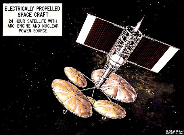This 1960 artist's concept shows a 24-hour communication satellite design incorporating an arc engine with a nuclear power source. The concept was one of many missions proposed by the Marshall Space Flight Center for electrically-propelled spacecraft.
