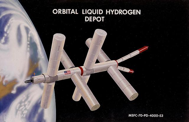 This 1971 artist's concept illustrates a proposed Orbital Liquid Hydrogen Depot. As envisioned by Marshall Space Flight Center Program Development persornel, an orbital modular propellant storage depot, supplied periodically by the Space Shuttle or Earth-to-orbit fuel tankers, would be critical in making available large amounts of fuel to various orbital vehicles and spacecraft.