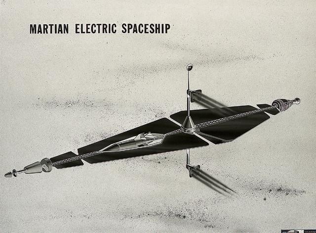 This artist's concept from 1962 show a three hundred-sixty ton spaceship, powered by a forty-megawatt nuclear-electric power plant, transporting a three-man crew to Mars. As envisioned by Marshall Space Flight Center engineers, a five-ship convoy would make the round trip journey in about five hundred days.