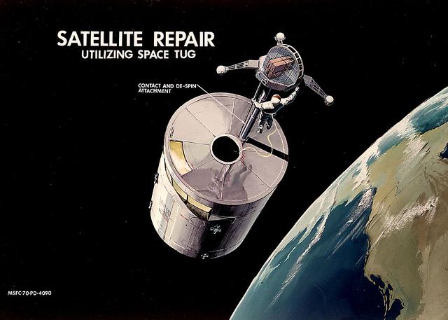 Managed by Marshall Space Flight Center, the Space Tug was a reusable multipurpose space vehicle designed to transport payloads to different orbital inclinations. Utilizing mission-specific combinations of its three primary modules (crew, propulsion, and cargo) and a variety of supplementary kits, the Space Tug was capable of numerous space applications. This 1970 artist's concept depicts the Space Tug during a satellite repair mission with the contact and de-spin attachment kit in place. An astronaut can be seen tethered to the Tug.