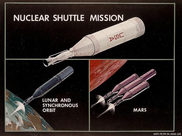 In this 1970 artist's concept, the Nuclear Shuttle is shown in its lunar and geosynchronous orbit configuration and in its planetary mission configuration. As envisioned by Marshall Space Flight Center Program Development plarners, the Nuclear Shuttle would deliver payloads to lunar orbit or other destinations then return to Earth orbit for refueling. A cluster of Nuclear Shuttle units could form the basis for planetary missions.
