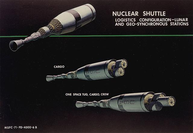 This 1971 artist's concept shows the Nuclear Shuttle in both its lunar logistics configuraton and geosynchronous station configuration. As envisioned by Marshall Space Flight Center Program Development persornel, the Nuclear Shuttle would deliver payloads to lunar orbits or other destinations then return to Earth orbit for refueling and additional missions.