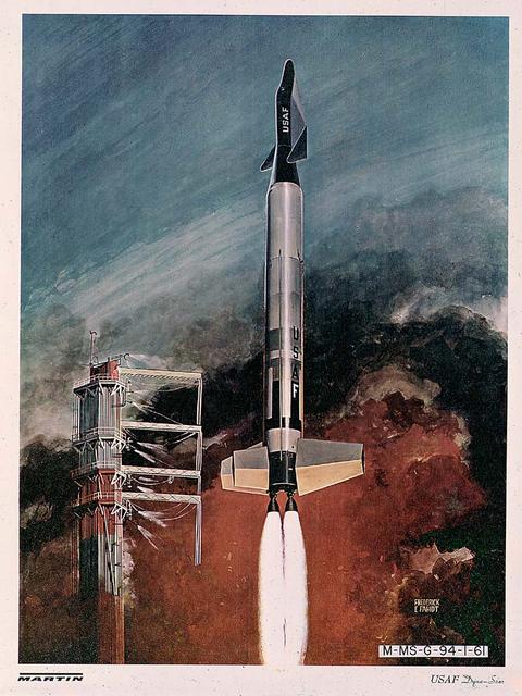 A Dyna-Soar (Dynamic Soaring) vehicle clears the launch tower atop an Air Force Titan II launch vehicle in this 1961 artist's concept. Originally conceived by the U.S. Air Force in 1957 as a marned, rocket-propelled glider in a delta-winged configuration, the Dyna-Soar was considered by Marshall Space Flight Center planners as an upper stage for the Saturn C-2 launch vehicle.