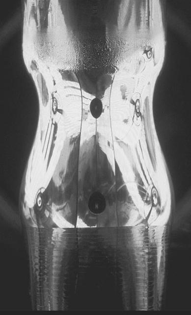 Crystal Growth in magnetic fields, a float-zone sample, the surface tension of the melt keeps the sample suspended between the sample rods in the furnace forming an actual liquid bridge. Principal Investigator: Dr. Frank Szofran