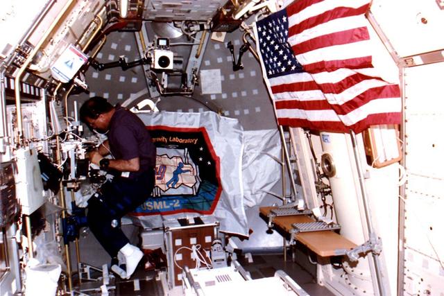Albert Sacco Jr., payload specialist for STS-73, works in the glovebox on the portside of the science module aboard the Space Shuttle Columbia in earth orbit.