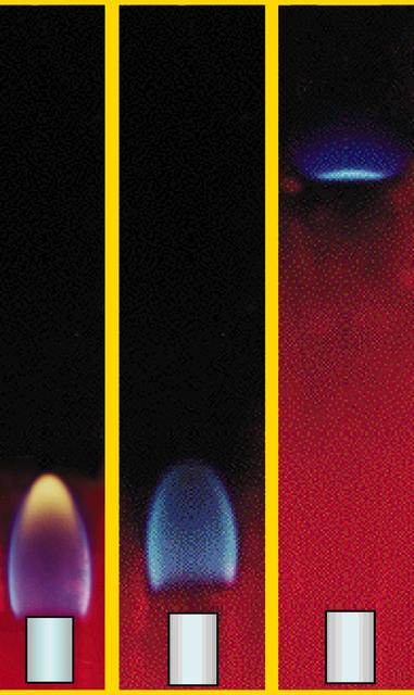 Image taken during a ground based investigation of a methane-fueled laminar flame surrounded by co-flowing air. The flame was enclosed in a chamber, and the pressure reduced. As the pressure decreased, the velocity of the flow increased, causing the flame to change from a stabilized condition to near blow-out or extinction.