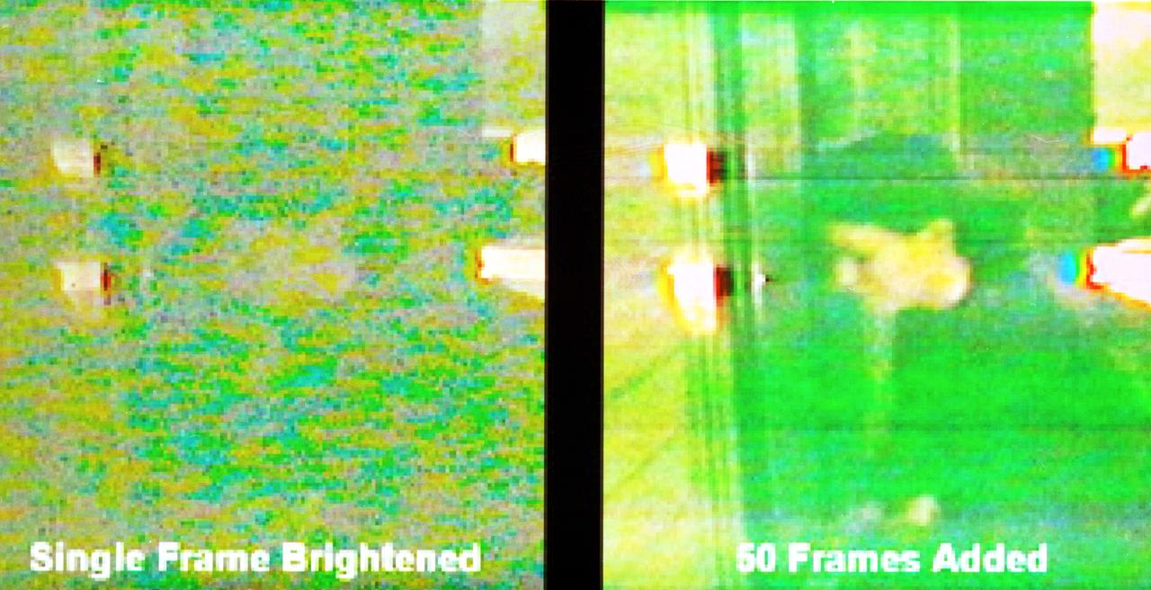 Two scientists at NASA's Marshall Space Flight Center,atmospheric scientist Paul Meyer and solar physicist Dr. David Hathaway, developed promising new software, called Video Image Stabilization and Registration (VISAR). VISAR may help law enforcement agencies catch criminals by improving the quality of video recorded at crime scenes. In this photograph, the single frame at left, taken at night, was brightened in order to enhance details and reduce noise or snow. To further overcome the video defects in one frame, Law enforcement officials can use VISAR software to add information from multiple frames to reveal a person. Images from less than a second of videotape were added together to create the clarified image at right. VISAR stabilizes camera motion in the horizontal and vertical as well as rotation and zoom effects producing clearer images of moving objects, smoothes jagged edges, enhances still images, and reduces video noise or snow. VISAR could also have applications in medical and meteorological imaging. It could steady images of ultrasounds, which are infamous for their grainy, blurred quality. The software can be used for defense application by improving recornaissance video imagery made by military vehicles, aircraft, and ships traveling in harsh, rugged environments.