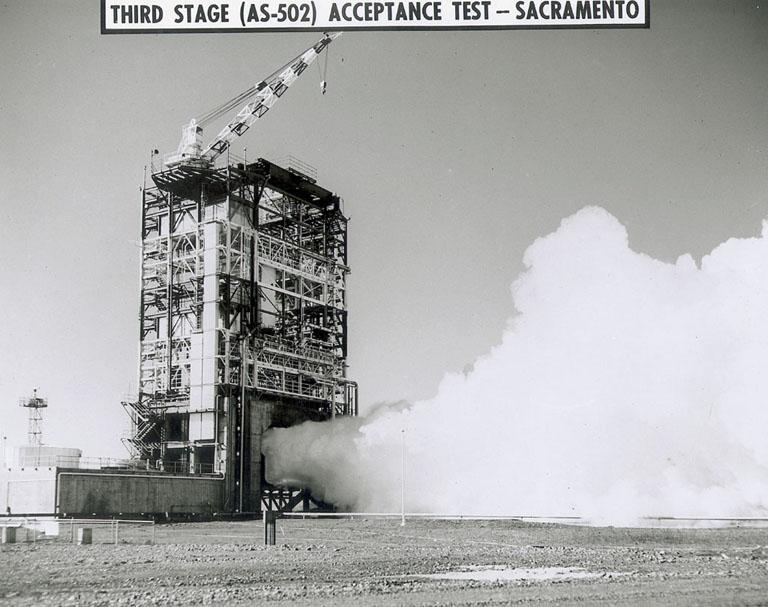The J-2 engine for Saturn V S-IVB (third) stage blasted from the test stand at Douglas Aircraft Co., Sacramento Test Operation (SACTO) facility in California. This third stage was used on the unmarned Saturn V flight of Apollo 6 in April 1968. 