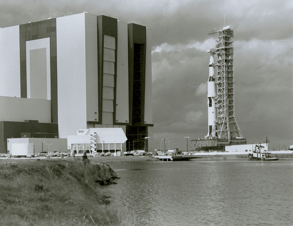 Rollout of the Apollo 6 space vehicle from the Vehicle Assembly Building