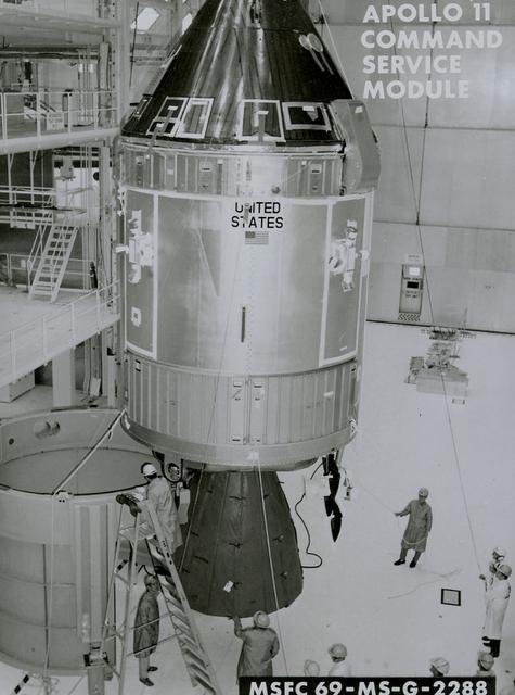 A close-up view of the Apollo 11 command service module ready to be mated with the spacecraft LEM adapter of the third stage. The towering 363-foot Saturn V was a multi-stage, multi-engine launch vehicle standing taller than the Statue of Liberty. Altogether, the Saturn V engines produced as much power as 85 Hoover Dams. 