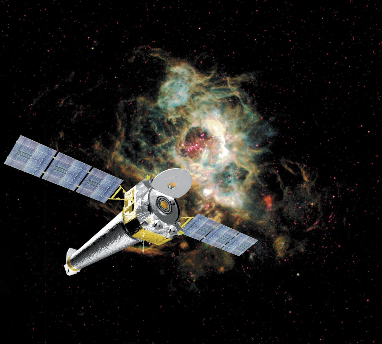 This is a computer rendering of the fully developed Chandra X-ray Observatory (CXO), formerly Advanced X-Ray Astrophysics Facility (AXAF), in orbit in a star field. In 1999, the AXAF was renamed the CXO in honor of the late Indian-American Novel Laureate Subrahmanyan Chandrasekhar. The CXO is the most sophisticated and the world's most powerful x-ray telescope ever built. It is designed to observe x-rays from high energy regions of the Universe, such as hot gas in the renmants of exploded stars. It produces picture-like images of x-ray emissions analogous to those made in visible light, as well as gathers data on the chemical composition of x-ray radiating objects. The CXO helps astronomers world-wide better understand the structure and evolution of the universe by studying powerful sources of x-rays such as exploding stars, matter falling into black holes, and other exotic celestial objects. The Observatory has three major parts: (1) the x-ray telescope, whose mirrors will focus x-rays from celestial objects; (2) the science instruments that record the x-rays so that x-ray images can be produced and analyzed; and (3) the spacecraft, which provides the environment necessary for the telescope and the instruments to work. TRW, Inc. was the prime contractor for the development of the CXO and NASA's Marshall Space Flight Center was responsible for its project management. The Smithsonian Astrophysical Observatory controls science and flight operations of the CXO for NASA from Cambridge, Massachusetts. The Observatory was launched July 22, 1999 aboard the Space Shuttle Columbia, STS-93 mission. (Image courtesy of TRW).