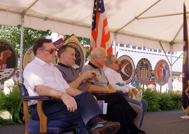 Outside of Building 4200 at Marshall Space Flight Center, a courtyard was constructed in memory of Dr. Wernher von Braun and his contributions to the U. S. Space program. In the middle of the courtyard a fountain was built. The fountain was made operational prior to the 30th arniversary celebration of the Apollo 11 lunar landing. Attending the dedication ceremony were visiting Apollo astronauts and NASA's Safety and Assurance Director Rothenberg.
