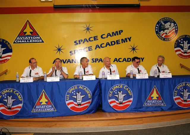 Marking the occasion of the Apollo 11 30th Anniversary, members of the Apollo and Saturn astronaut programs attended festivities at Marshall Space Flight Center in Huntsville, AL. A press conference was held at the U. S. Space and Rocket Center for the visiting astronauts. Pictured are (L/R): Edgar Mitchell, Walt Cunningham, Charlie Duke, Buzz Aldrin, Dick Gordon and Owen Garriott.