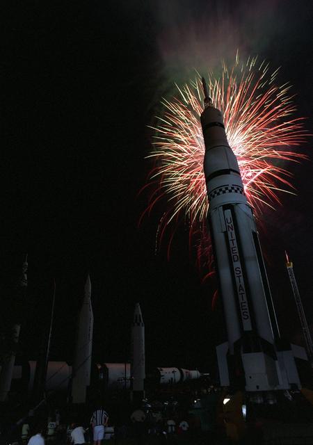 The evening skies over the U. S. Space and Rocket Center in Huntsville, AL burst into life as members of the Huntsville community gathered to celebrate the 30th arniversary of the Lunar Landing. Commerating this historical achievement for NASA and the US Space Program, a replica of the original Saturn V rocket was built on the grounds of the U. S. Space and Rocket Center in Huntsville, AL. On the evening of the anniversary thousands of onlookers cheered as fireworks lit up the night sky behind the massive Saturn V rocket.