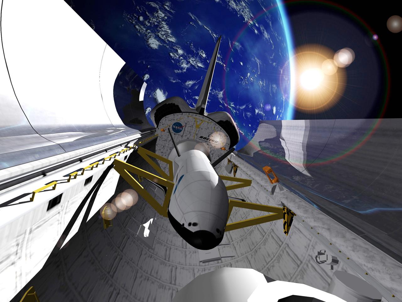 Pictured is an artist's concept of the experimental Reusable Launch Vehicle (RLV), the X-37 located in the cargo bay of a space shuttle with Earth in the background. The X-37 was designed to launch from the space shuttle's cargo bay as a secondary payload. Once deployed, the X-37 would remain on-orbit up to 21 days performing a variety of experiments before re-entering the Earth's atmosphere and landing. The X-37 program was discontinued in 2003.