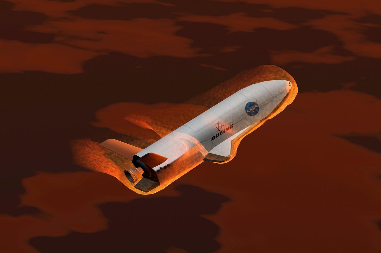 Pictured is an artist's concept of the experimental X-37 Reusable Launch Vehicle re-entering Earth‘s atmosphere. NASA and the Boeing Company entered a cooperative agreement to develop and fly a new experimental space plane called the X-37 that would be ferried into orbit to test new technologies. The reusable space plane incorporated technologies aimed at significantly cutting the cost of space flight. The X-37 would be carried into orbit by the Space Shuttle or be launched by an expendable rocket. After the X-37 was deployed, it would remain in orbit up to 21 days, performing a variety of experiments before re-entering the Earth's atmosphere and landing. The X-37 program was discontinued in 2003.