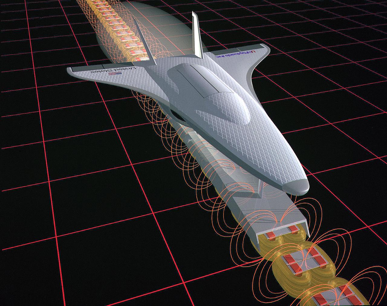 This illustration is an artist’s concept of a Magnetic Launch Assist System, formerly referred as the Magnetic Levitation (Maglev) system, for space launch. Overcoming the grip of Earth’s gravity is a supreme challenge for engineers who design rockets that leave the planet. Engineers at the Marshall Space Flight Center have developed and tested Magnetic Launch Assist System technologies that could levitate and accelerate a launch vehicle along a track at high speeds before it leaves the ground. Using electricity and magnetic fields, a Magnetic Launch Assist system would drive a spacecraft along a horizontal track until it reaches desired speeds. A full-scale, operational track would be about 1.5-miles long and capable of accelerating a vehicle to 600 mph in 9.5 seconds. The major advantages of launch assist for NASA launch vehicles is that it reduces the weight of the take-off, landing gear and the wing size, as well as the elimination of propellant weight resulting in significant cost savings.  The US Navy and the British MOD (Ministry of Defense) are planning to use magnetic launch assist for their next generation aircraft carriers as the aircraft launch system.  The US Army is considering using this technology for launching target drones for anti-aircraft training. 