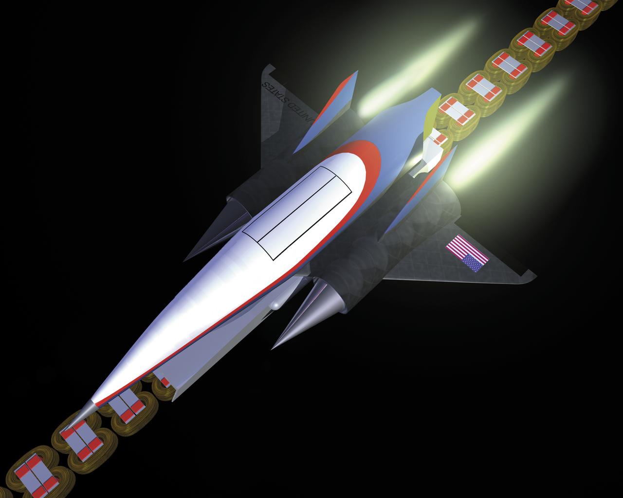 This artist’s concept depicts a Magnetic Launch Assist vehicle clearing the track and shifting to rocket engines for launch into orbit.  The system, formerly referred as the Magnetic Levitation (MagLev) system, is a launch system developed and tested by Engineers at the Marshall Space Flight Center (MSFC) that could levitate and accelerate a launch vehicle along a track at high speeds before it leaves the ground. Using an off-board electric energy source and magnetic fields, a Magnetic Launch Assist system would drive a spacecraft along a horizontal track until it reaches desired speeds. The system is similar to high-speed trains and roller coasters that use high-strength magnets to lift and propel a vehicle a couple of inches above a guideway. A full-scale, operational track would be about 1.5-miles long, capable of accelerating a vehicle to 600 mph in 9.5 seconds, and the vehicle would then shift to rocket engines for launch into orbit. The major advantages of launch assist for NASA launch vehicles is that it reduces the weight of the take-off, the landing gear, the wing size, and less propellant resulting in significant cost savings. The US Navy and the British MOD (Ministry of Defense) are planning to use magnetic launch assist for their next generation aircraft carriers as the aircraft launch system.  The US Army is considering using this technology for launching target drones for anti-aircraft training. 