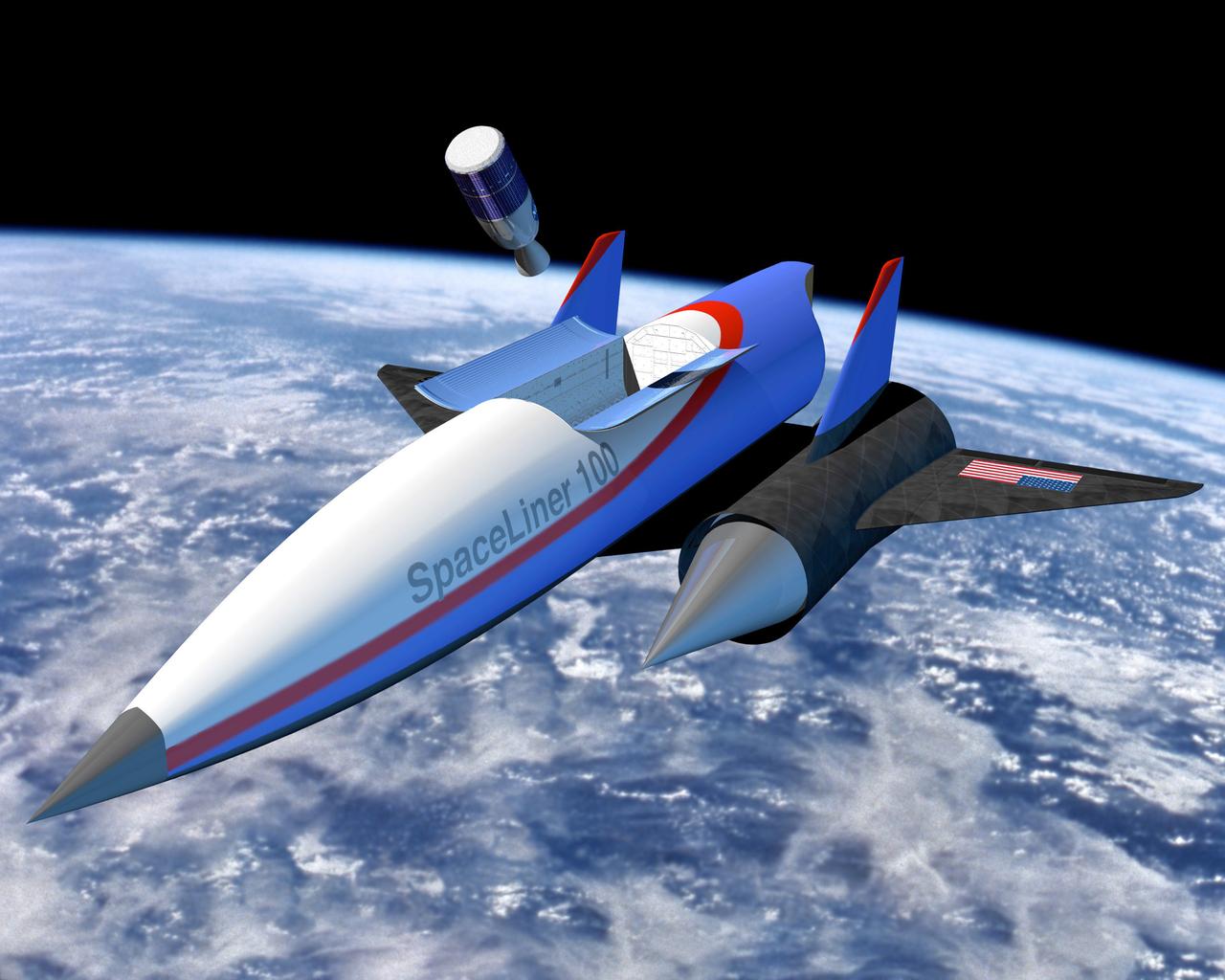 This artist’s concept depicts a Magnetic Launch Assist vehicle in orbit. Formerly referred to as the Magnetic Levitation (Maglev) system, the Magnetic Launch Assist system is a launch system developed and tested by engineers at the Marshall Space Flight Center (MSFC) that could levitate and accelerate a launch vehicle along a track at high speeds before it leaves the ground. Using electricity and magnetic fields, a Magnetic Launch Assist system would drive a spacecraft along a horizontal track until it reaches desired speeds. The system is similar to high-speed trains and roller coasters that use high-strength magnets to lift and propel a vehicle a couple of inches above a guideway. A full-scale, operational track would be about 1.5-miles long, capable of accelerating a vehicle to 600 mph in 9.5 seconds, and the vehicle would then shift to rocket engines for launch into orbit. The major advantages of launch assist for NASA launch vehicles is that it reduces the weight of the take-off, the landing gear, the wing size, and less propellant resulting in significant cost savings. The US Navy and the British MOD (Ministry of Defense) are planning to use magnetic launch assist for their next generation aircraft carriers as the aircraft launch system. The US Army is considering using this technology for launching target drones for anti-aircraft training.