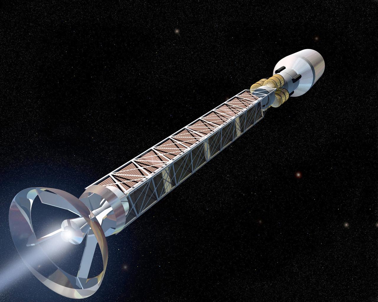 This is an artist's rendition of an antimatter propulsion system. Matter - antimatter arnihilation offers the highest possible physical energy density of any known reaction substance. It is about 10 billion times more powerful than that of chemical engergy such as hydrogen and oxygen combustion. Antimatter would be the perfect rocket fuel, but the problem is that the basic component of antimatter, antiprotons, doesn't exist in nature and has to manufactured. The process of antimatter development is on-going and making some strides, but production of this as a propulsion system is far into the future.