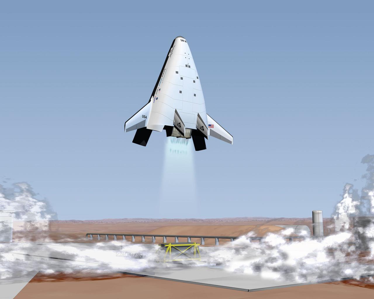 The wedge-shaped X-33 was a sub-scale technology demonstration prototype of a Reusable Launch Vehicle (RLV). Through demonstration flights and ground research, NASA's X-33 program was to provide the information needed for industry representatives such as Lockheed Martin (builder of the X-33 Venture Star) to decide by the year 2000 whether to proceed with the development of a full-scale, commercial RLV program. This program would dramatically increase reliability and lower the costs of putting a payload into space. This would in turn create new opportunities for space access and significantly improve U.S. economic competitiveness in the worldwide launch marketplace. NASA would be a customer, not the operator in the commercial RLV. The X-33 program was cancelled in 2001.