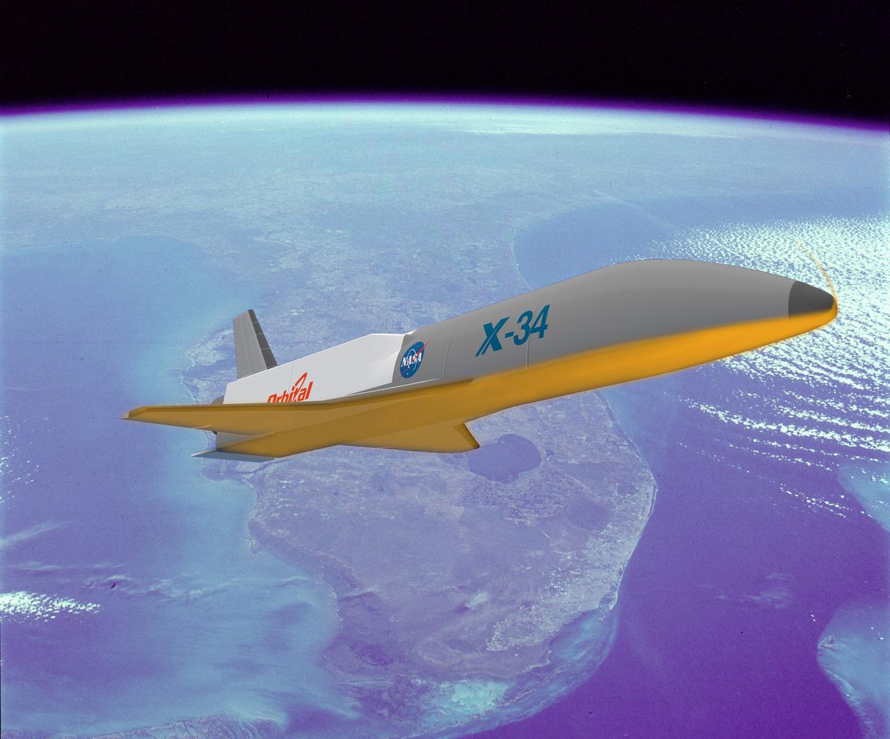 This is an artist's concept of the X-34 reusable technology testbed vehicle that was designed to demonstrate technologies that were essential to lowering the cost of access to space. Powered by a LOX and RP-1 liquid Fastrac engine that was designed and built by the Marshall Space Flight Center, the X-34 was capable of speeds up to Mach 8 and altitudes of 250,000-feet. The X-34 program was cancelled in 2001.