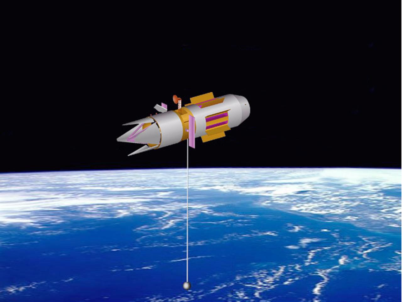 An artist's concept of a space based vehicle using the Propulsive Small Expendable Deployer System (ProSEDS) to generate its thrust to maintain orbit without using a propellant. ProSEDS will obtain thrust as the current flowing through the tether experiences a drag force due to interaction with the Earth's magnetic field. Drag force is coupled mechanically to the stage via the tether, thus lowering the stage's orbital altitude.