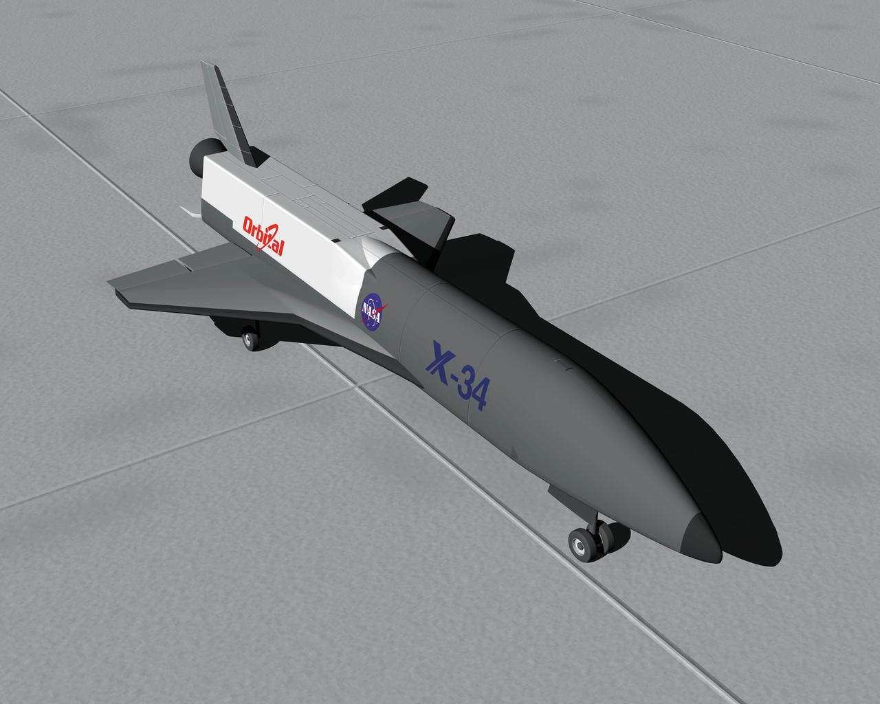 This artist's concept depicts the X-34 Demonstrator sitting on a runway. Part of the Pathfinder Program, the X-34 was a reusable technology testbed vehicle that was designed and built by the Marshall Space Flight Center to demonstrate technologies that were essential to lowering the cost of access to space. Powered by a LOX and RP-1 liquid Fastrac engine, the X-34 would be capable of speeds up to Mach 8 and altitudes of 250,000-feet. The X-34 program was cancelled in 2001.