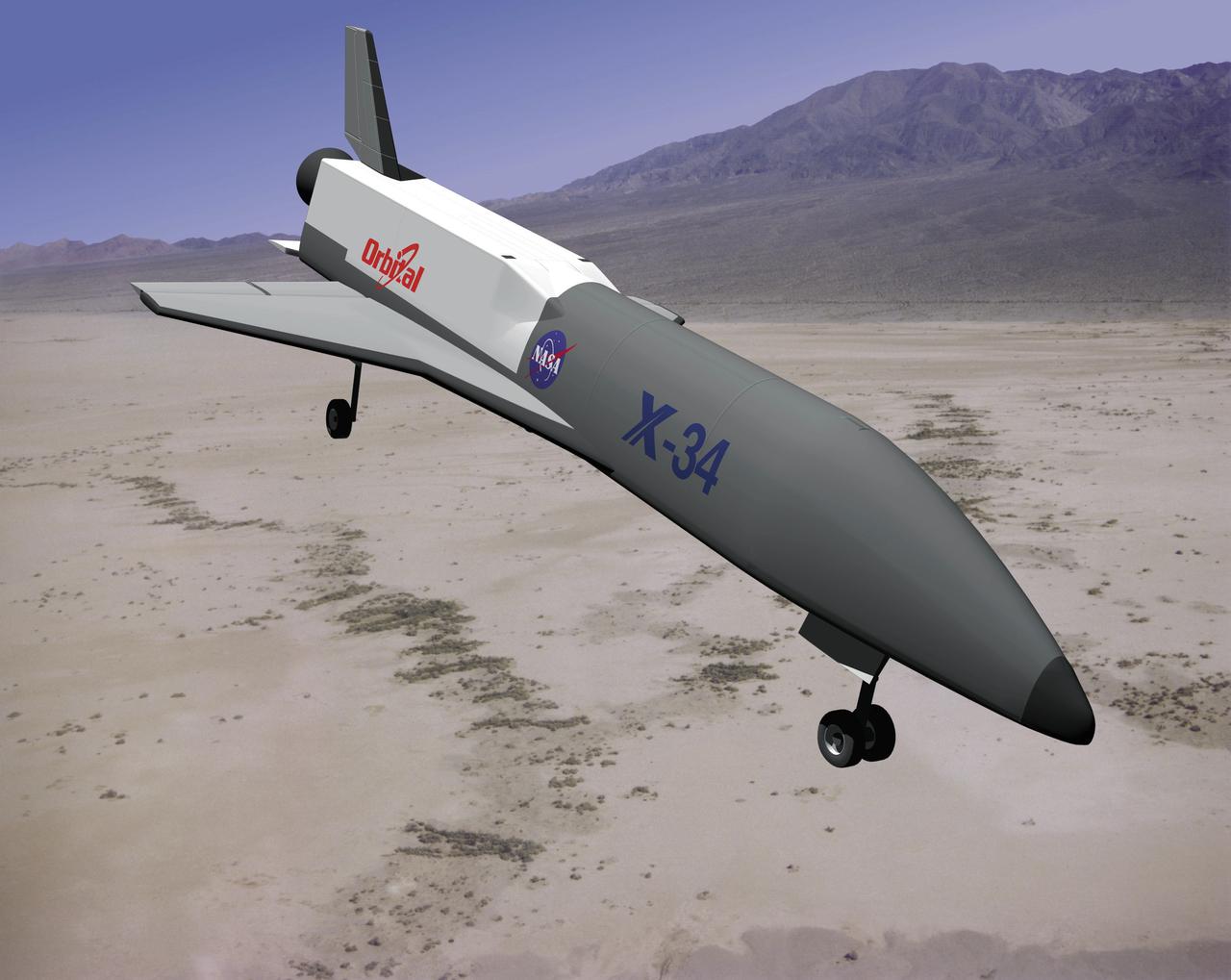 This artist's concept depicts the X-34 Demonstrator landing in a dessert. Part of the Pathfinder Program, the X-34 was a reusable technology testbed vehicle that was designed and built by the Marshall Space Flight Center to demonstrate technologies that were essential to lowering the cost of access to space. Powered by a LOX and RP-1 liquid Fastrac engine, the X-34 would be capable of speeds up to Mach 8 and altitudes of 250,000-feet. The X-34 program was cancelled in 2001.