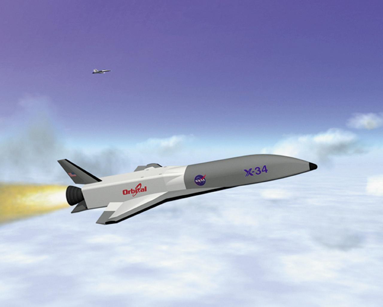 This artist's concept depicts the X-34 Demonstrator in flight. Part of the Pathfinder Program, the X-34 was a reusable technology testbed vehicle that was designed and built by the Marshall Space Flight Center to demonstrate technologies that were essential to lowering the cost of access to space. Powered by a LOX and RP-1 liquid Fastrac engine, the X-34 would be capable of speeds up to Mach 8 and altitudes of 250,000-feet. The X-34 program was cancelled in 2001.
